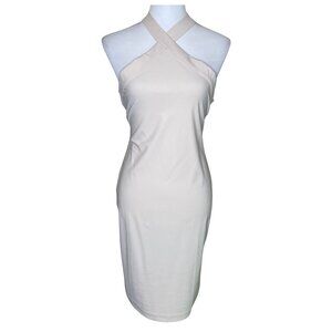 H&M NWT Beige Criss Cross Halter Back Bodycon Midi Dress L 12 Occasion Event